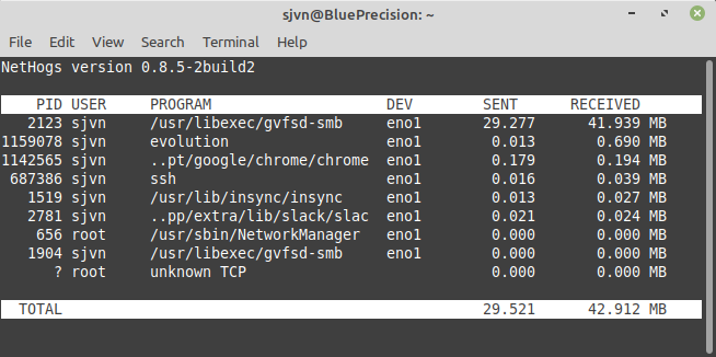 nethogs display showing the traffic by total megabytes in received order